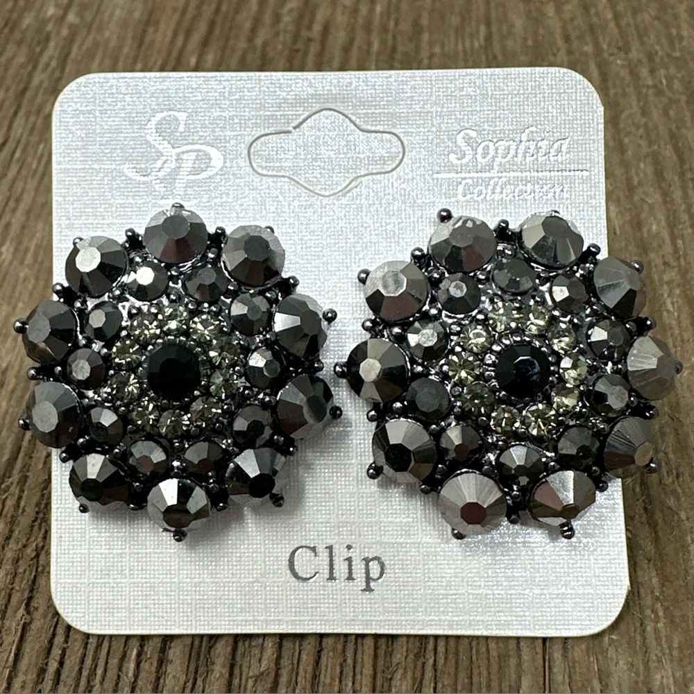 Clip on Grey Rhinestone Round Earrings